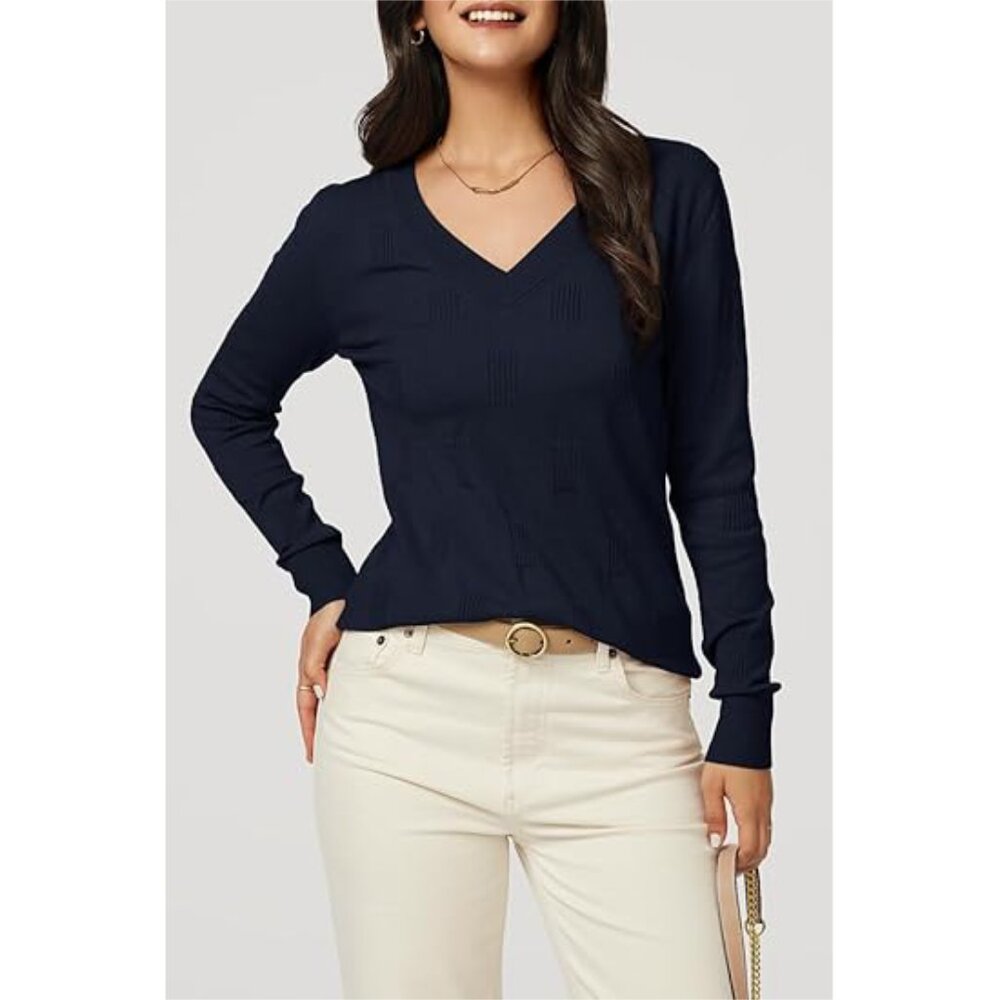 New Arach&Cloz Women V-Neck Long Sleeve Shirts Blouse Knit Pullover Sweater L